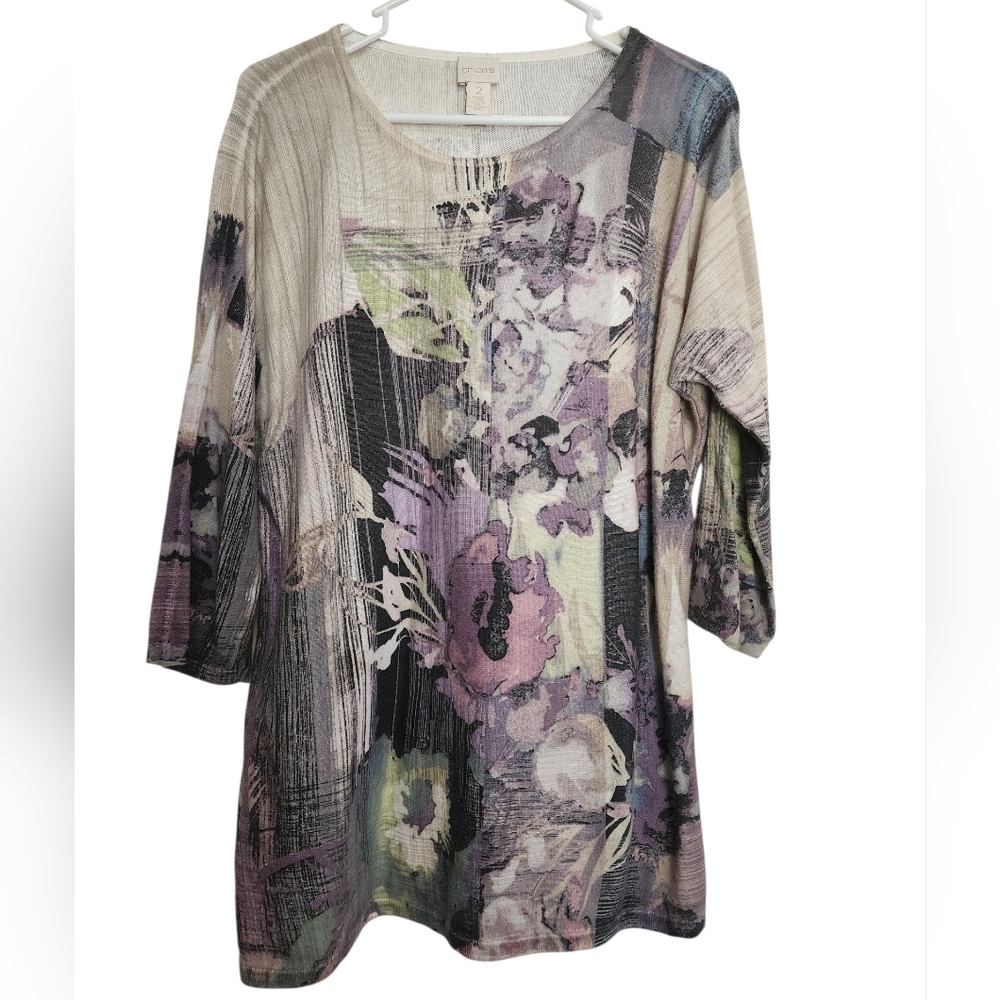 Chico's Cream Purple Watercolor Floral Batwing Top SZ XL